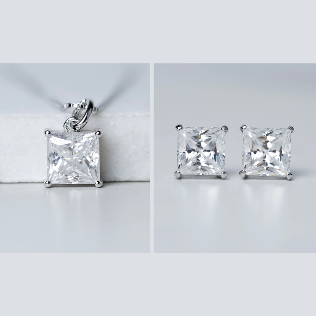 Square Princess Earrings & Necklace Gift Set - Moissanite - 3 Products