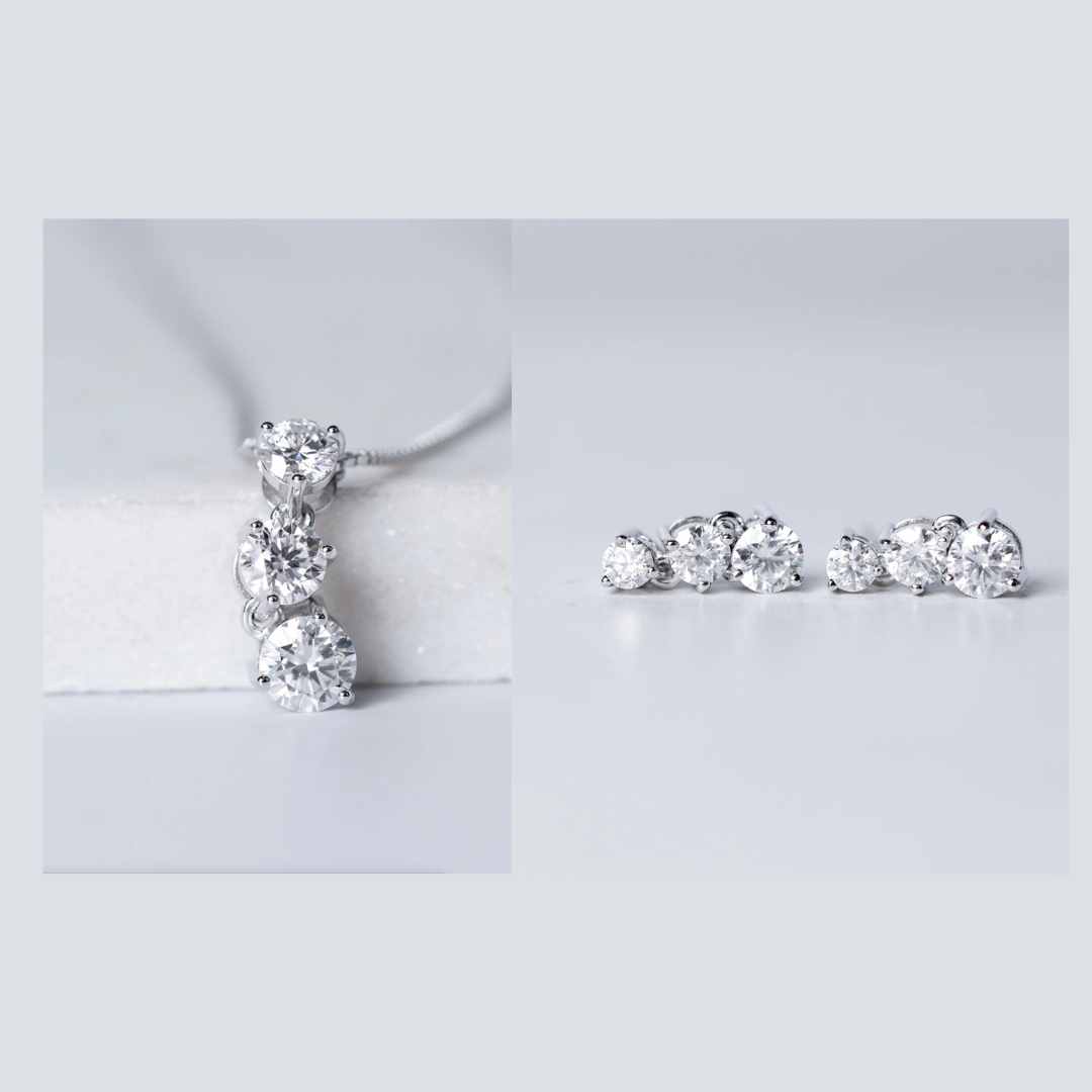 Three Stones Dangling Earrings & Necklace Gift Set - Moissanite - 3 Products