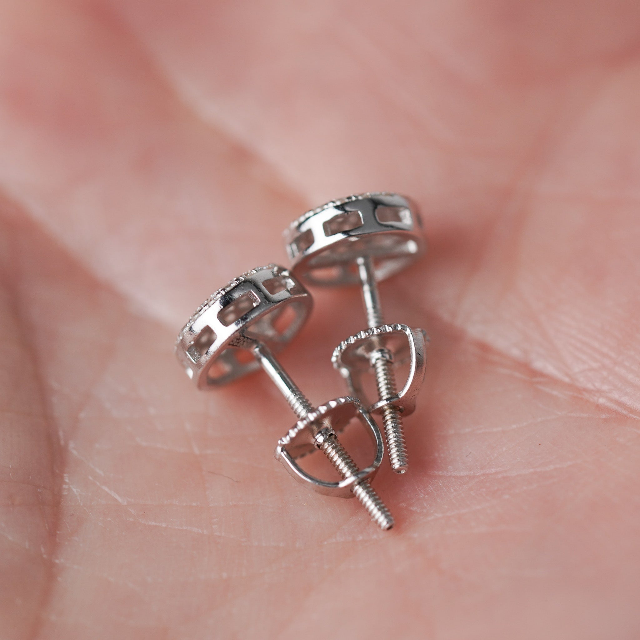 Round Moissanite Pave Earrings, Screwed-Back