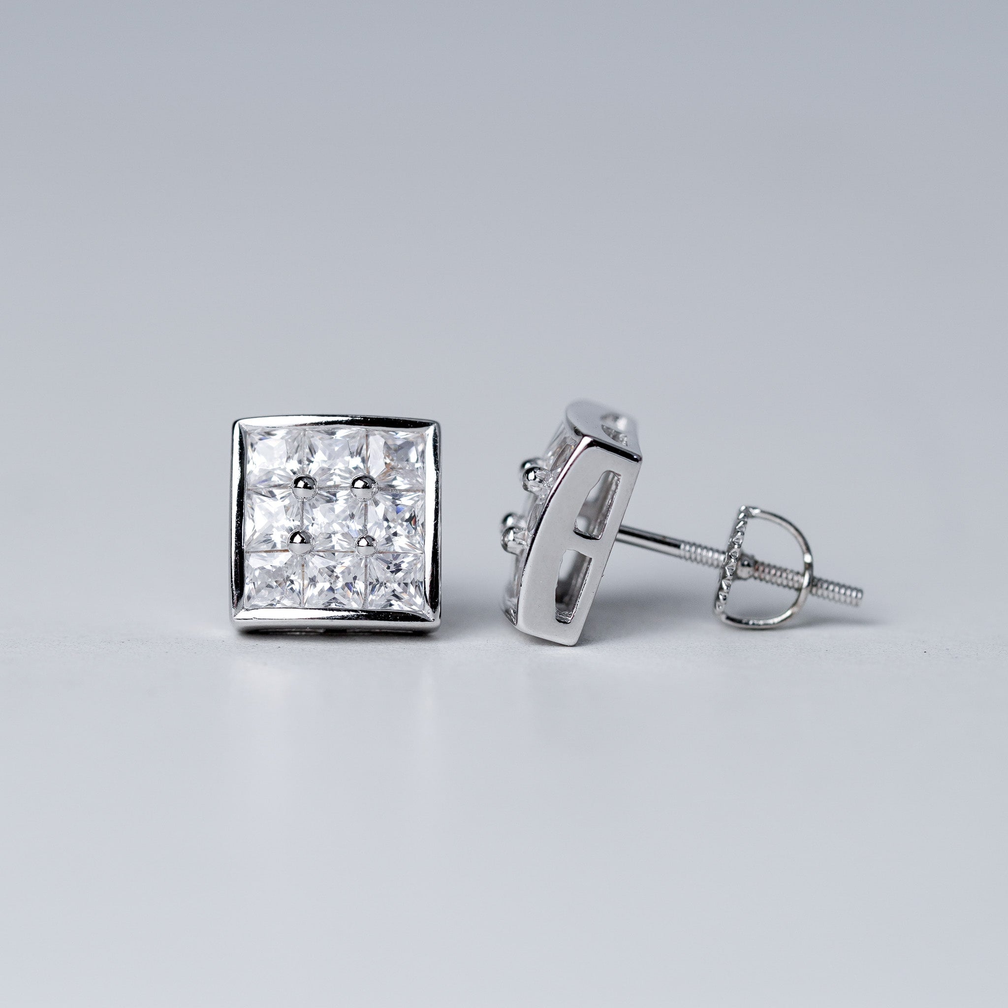 9-stone Square Earrings, Screwed-Back
