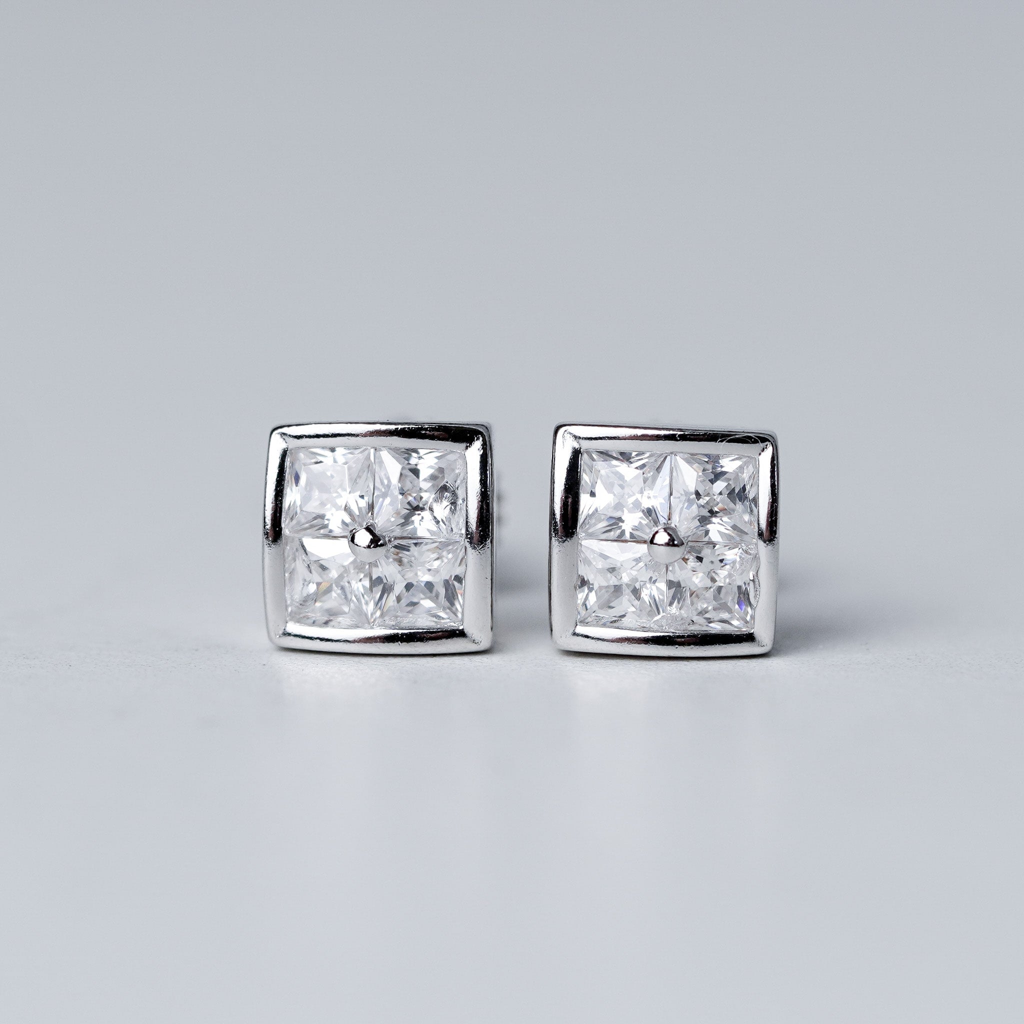 4-stone Square Stud Earrings, Screwed-Back
