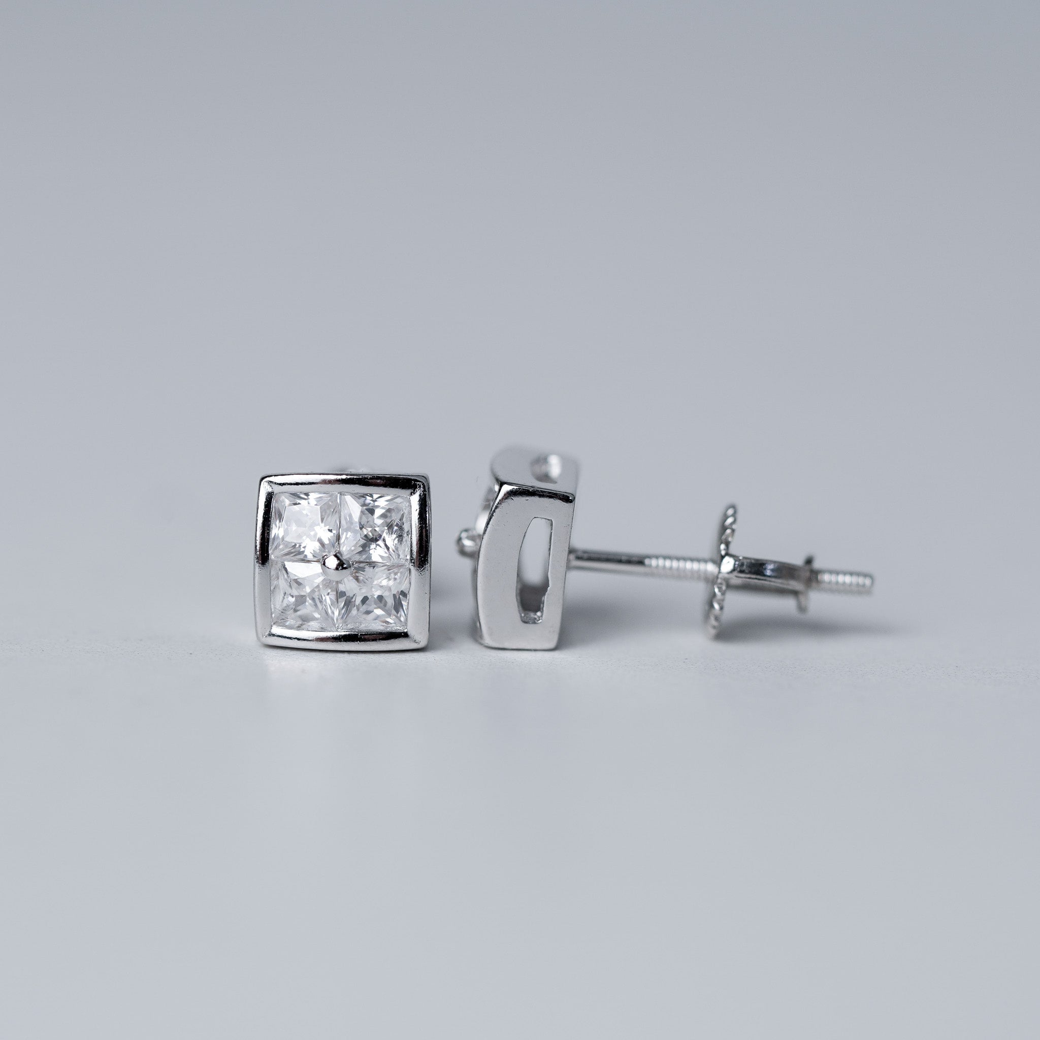 4-stone Square Stud Earrings, Screwed-Back