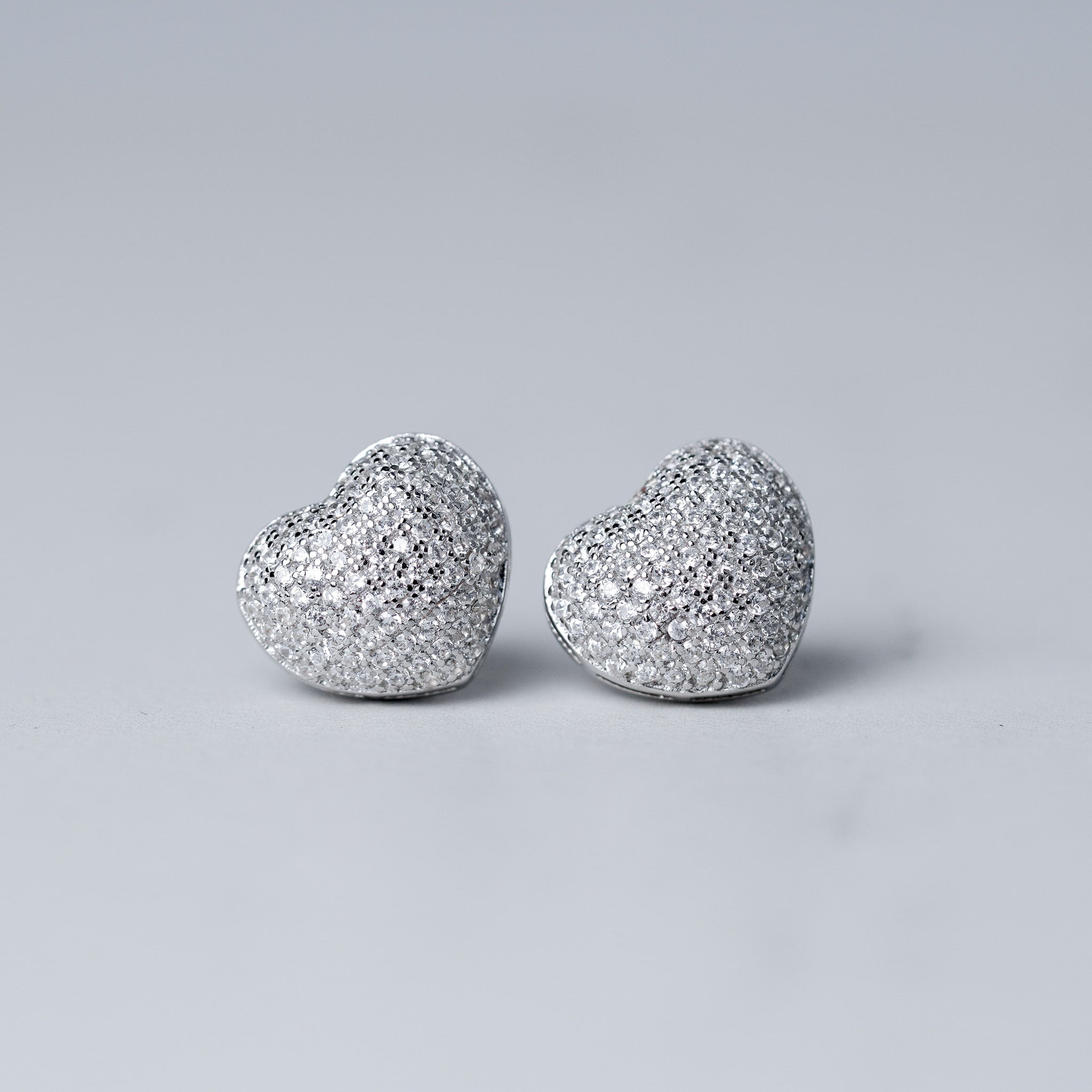 Pave Heart Earrings, Simulated Diamond Micropave, Screwed-Back