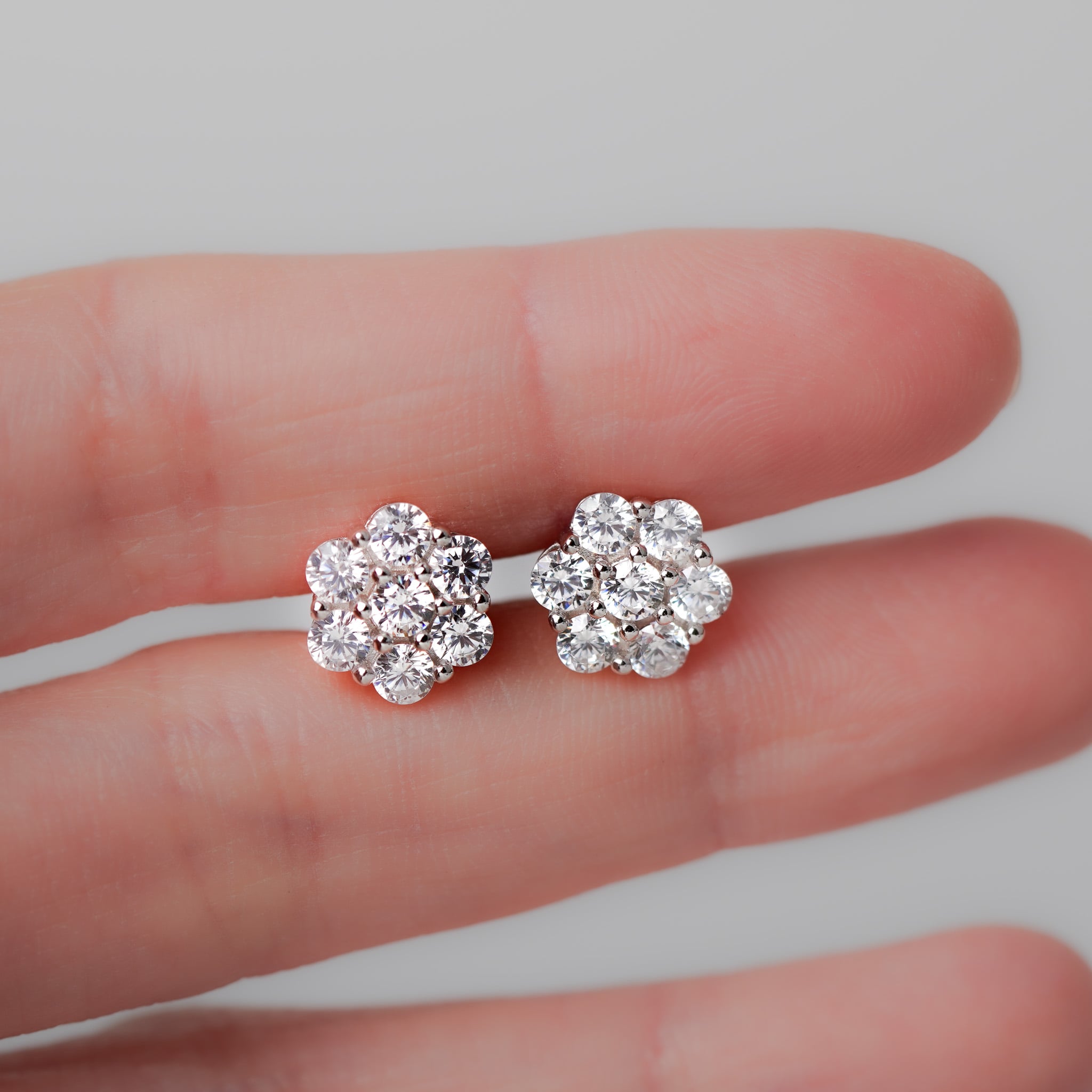 Flower Stud Earrings in Moissanite & Simulated Diamond | Screwed-Back