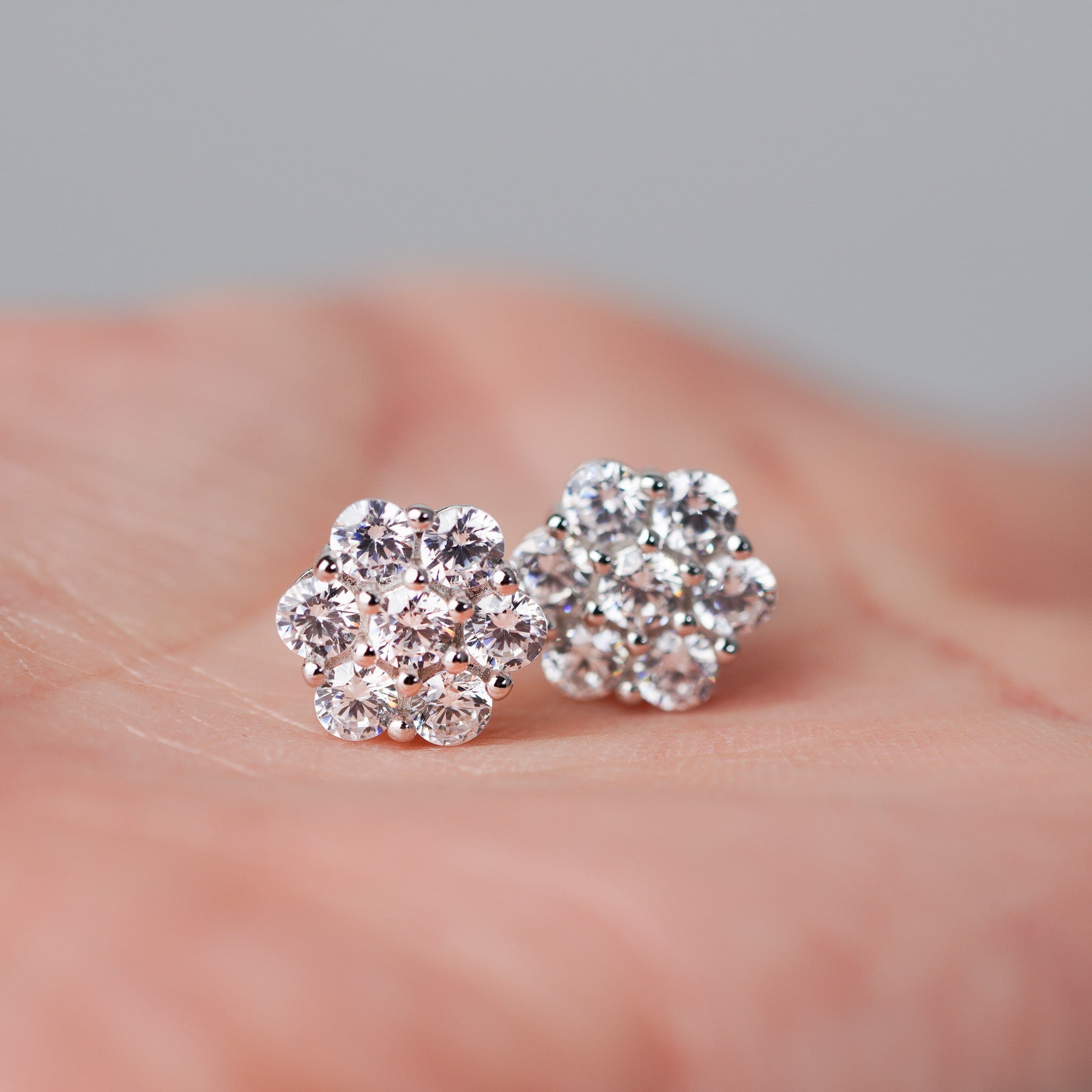 Flower Stud Earrings in Moissanite & Simulated Diamond | Screwed-Back