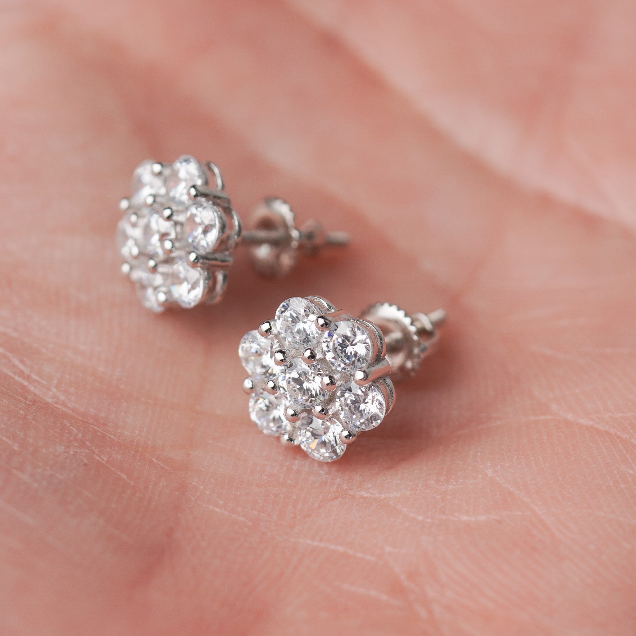Flower Stud Earrings in Moissanite & Simulated Diamond | Screwed-Back