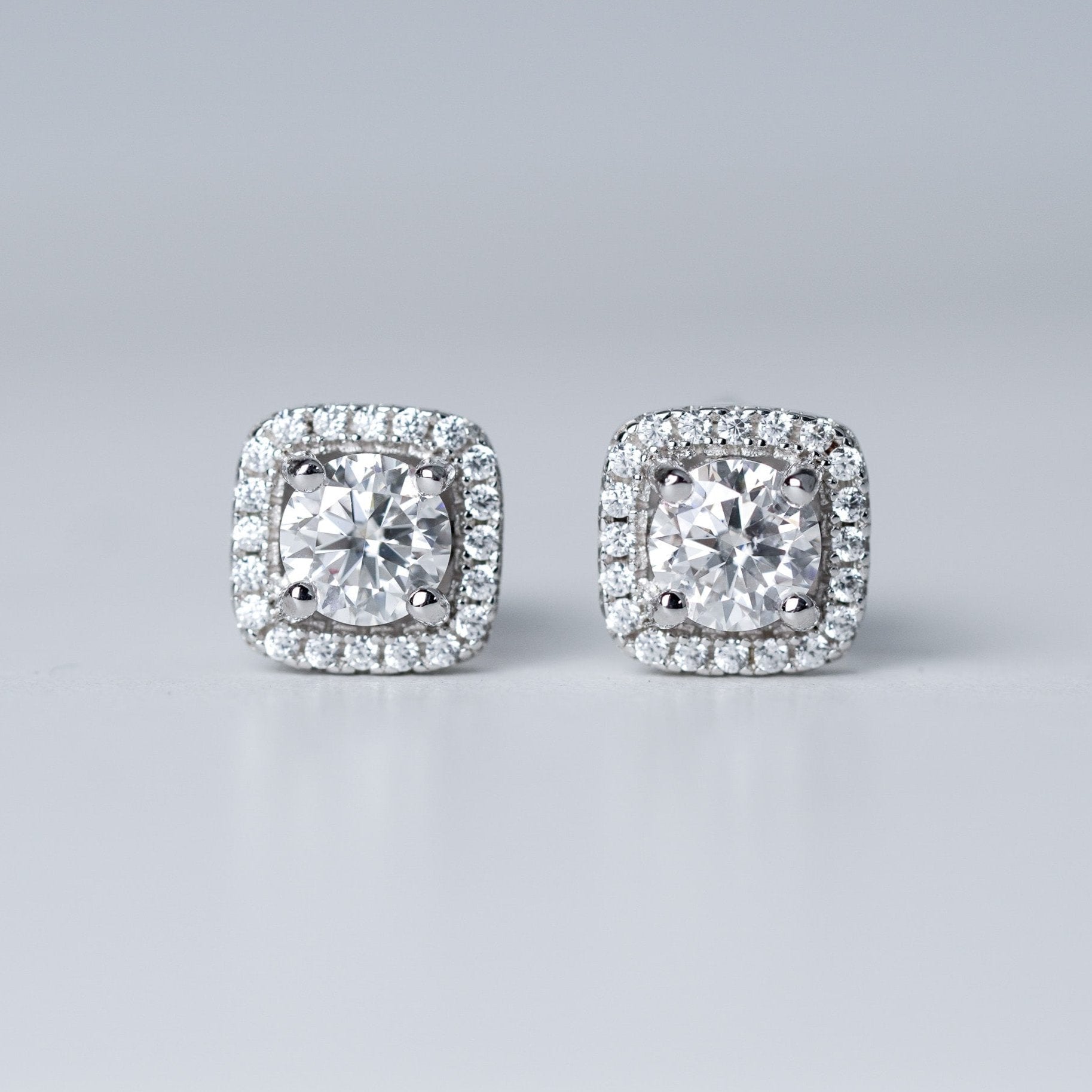 Moissanite Square Halo Earrings | 1ct. set in Sterling Silver | FIRSTBERRY