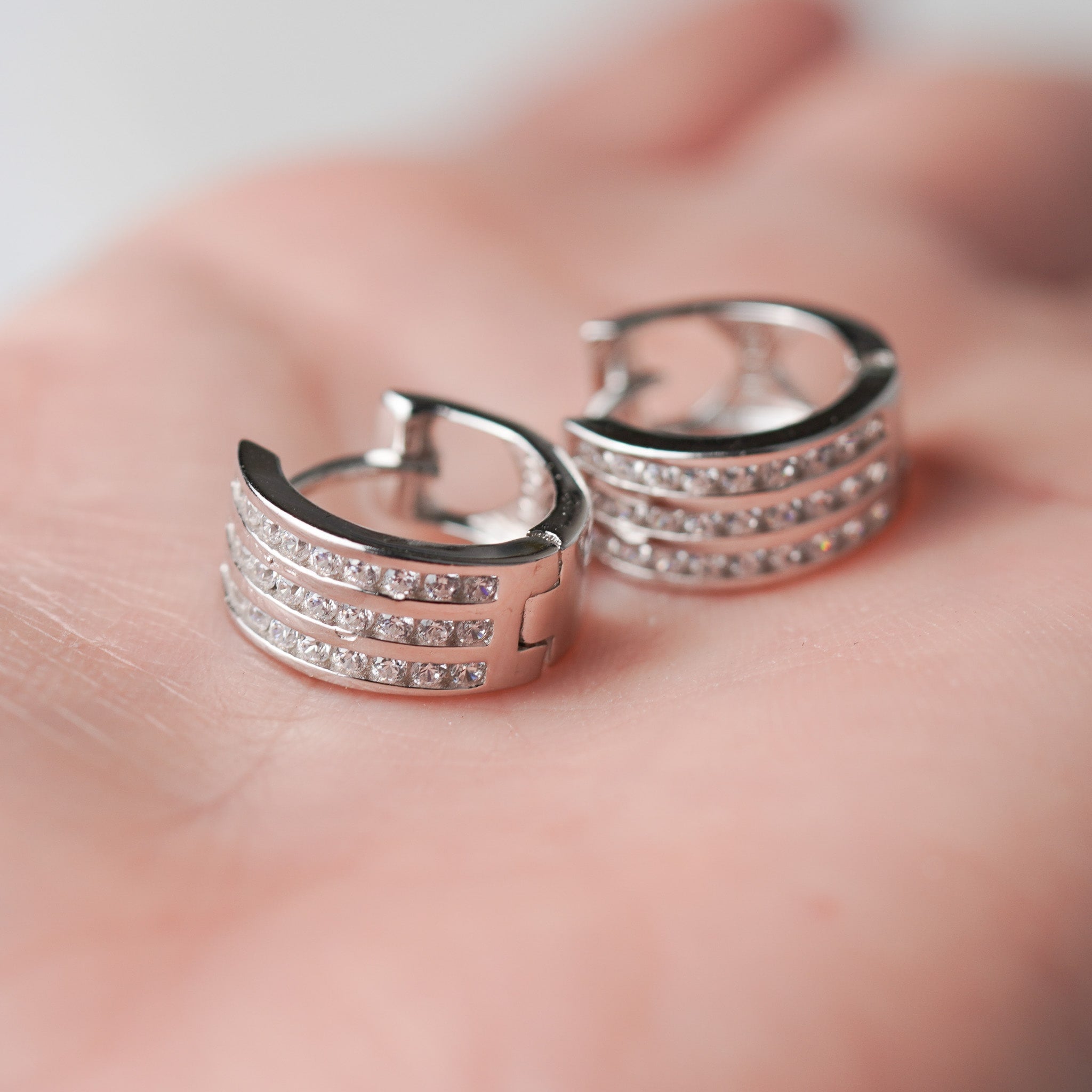 Three Rows Round Huggie Hoop Earrings