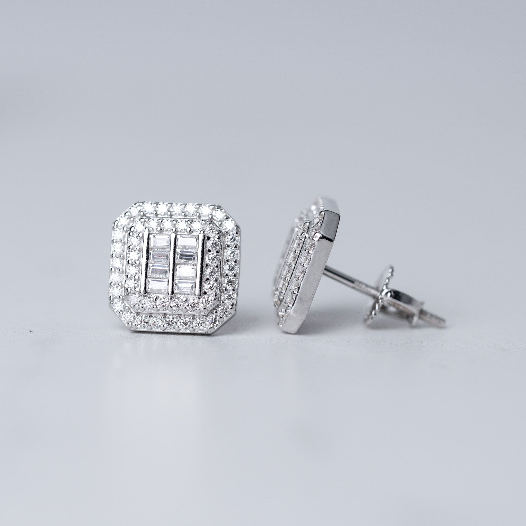 Moissanite Square Two Rows Halo Earrings Screwed-Back-B4