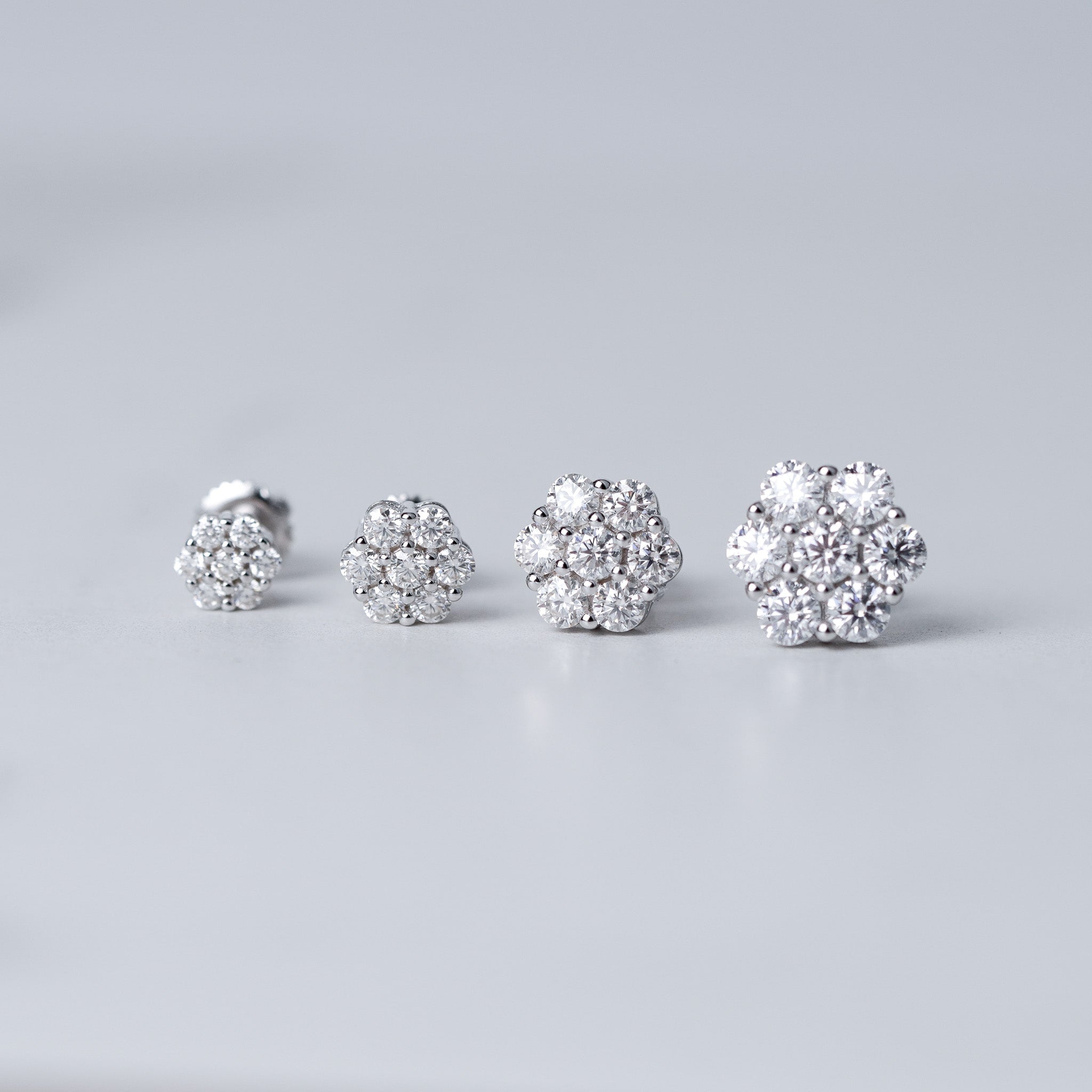 Flower Stud Earrings in Moissanite & Simulated Diamond | Screwed-Back
