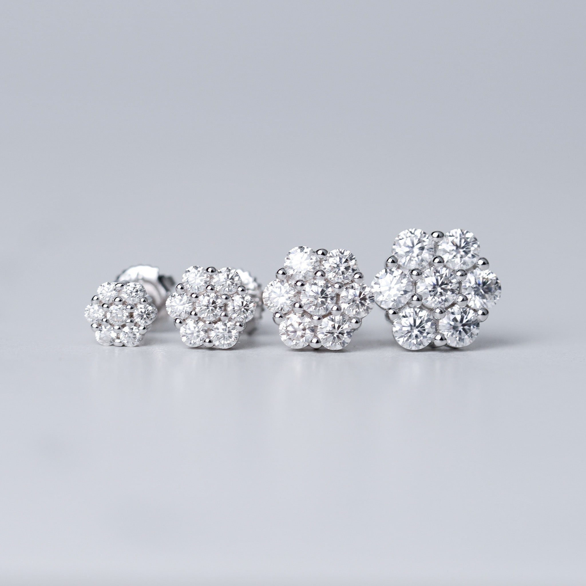 Flower Stud Earrings in Moissanite & Simulated Diamond | Screwed-Back