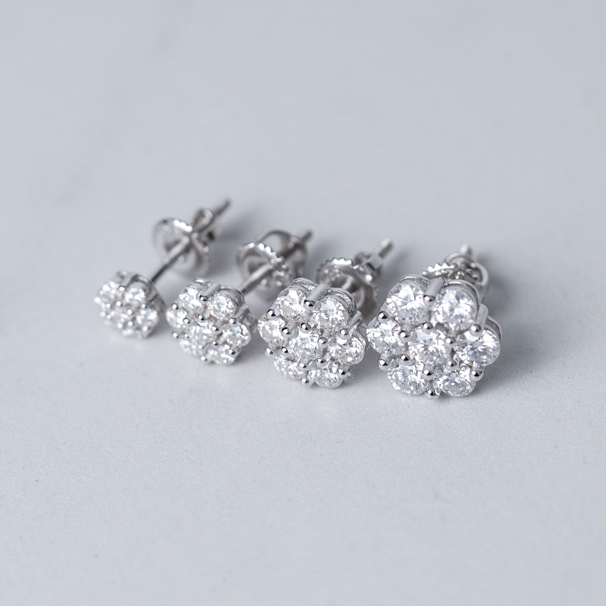 Flower Stud Earrings in Moissanite & Simulated Diamond | Screwed-Back