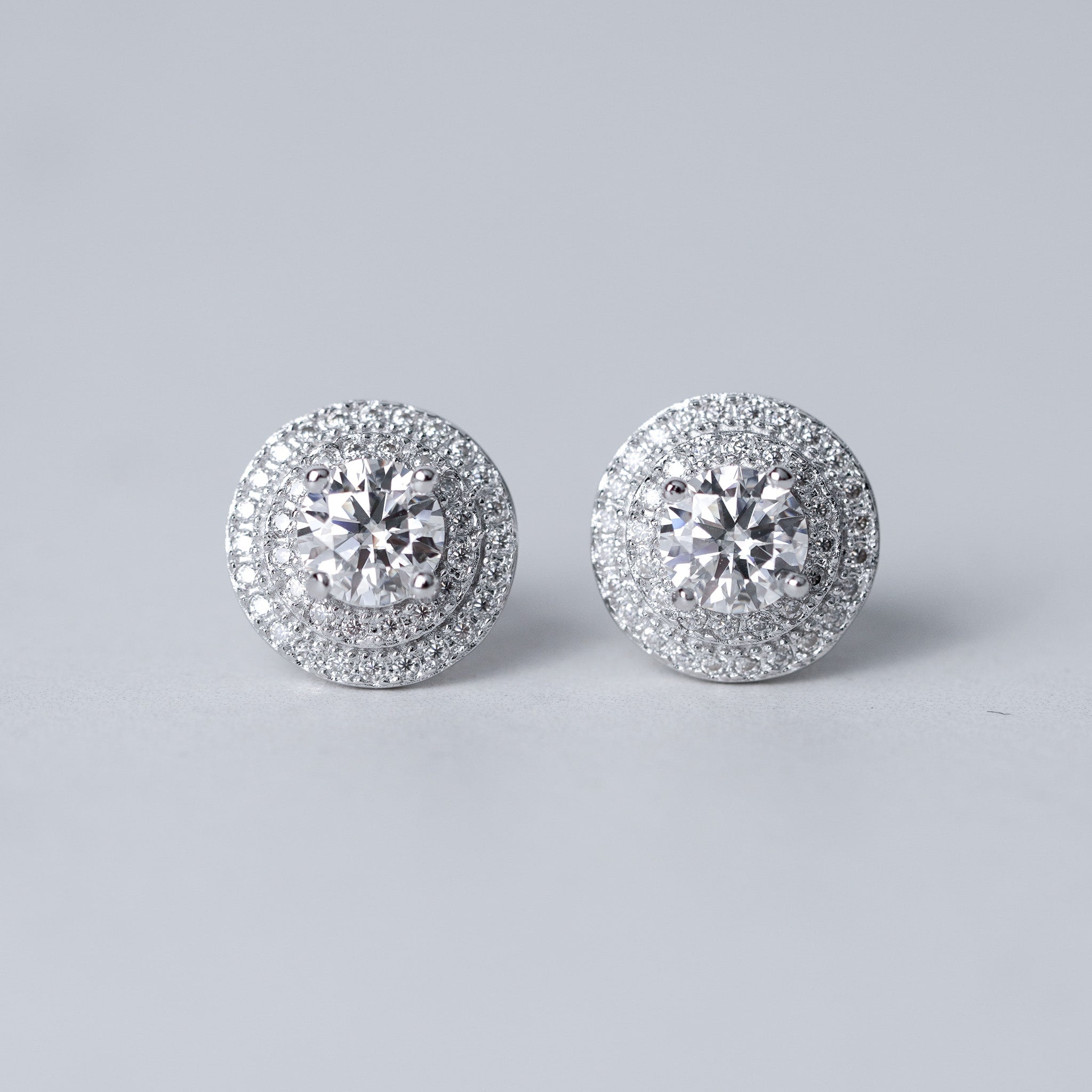 Double Halo Round Moissanite Earrings - Screwed Back