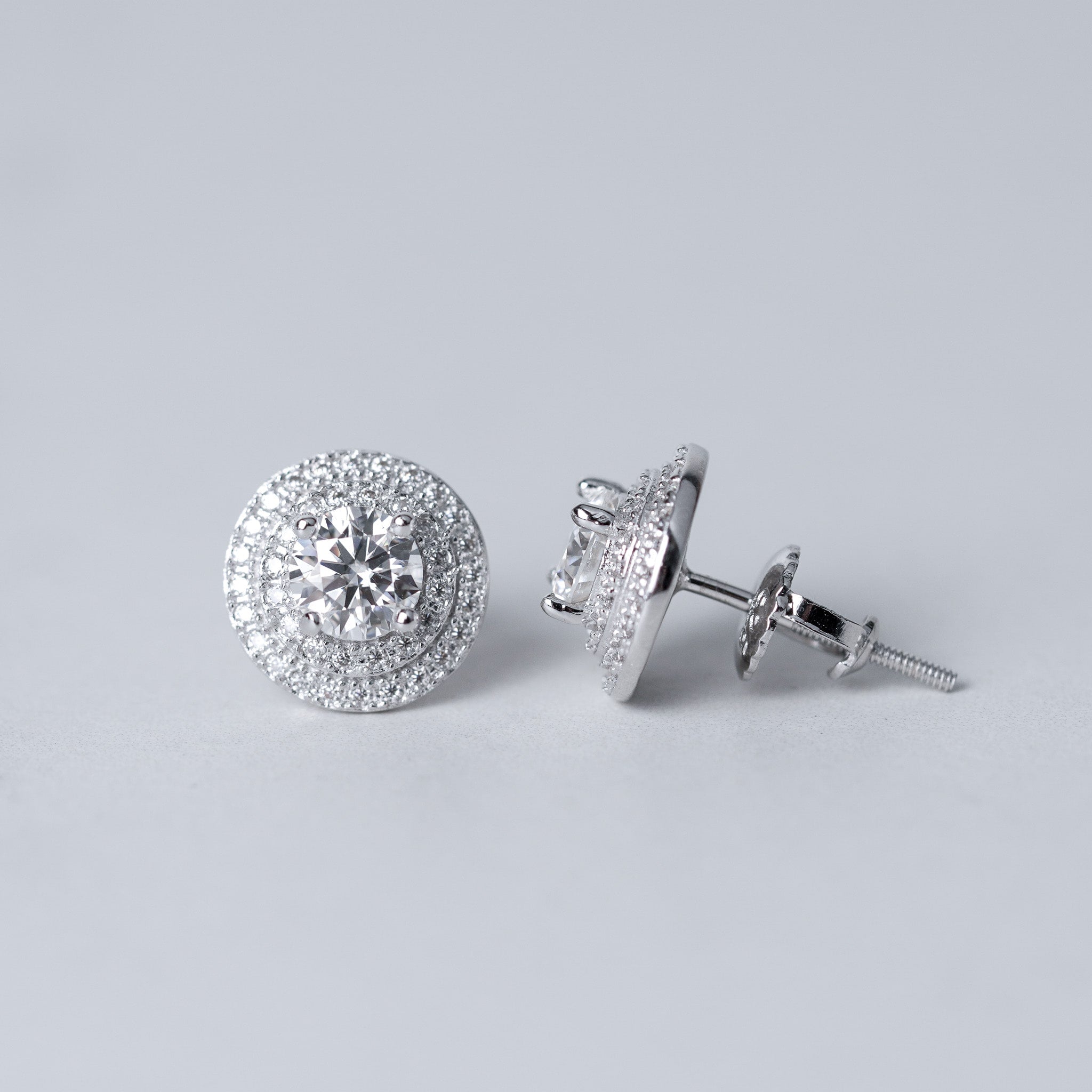 Double Halo Round Moissanite Earrings - Screwed Back