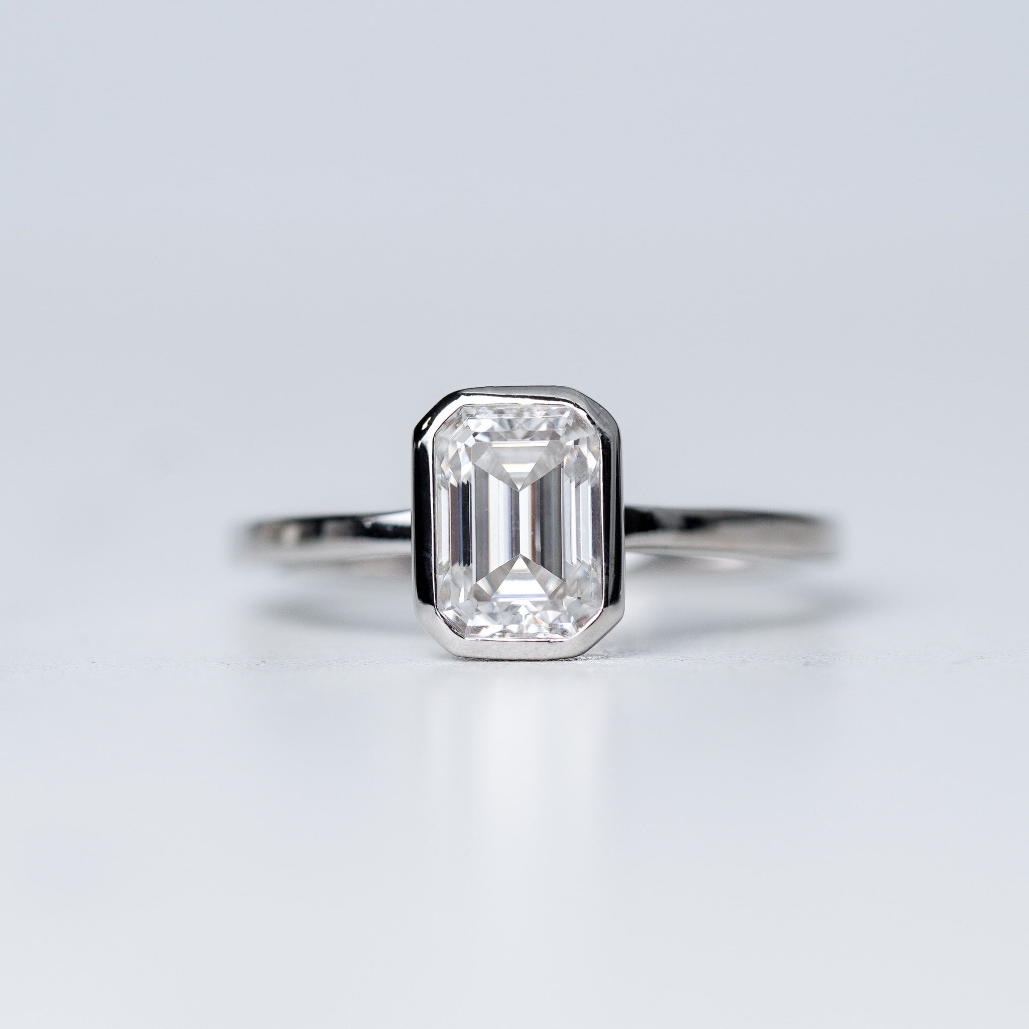 Bezel Emerald Moissanite Solitaire Engagement Ring - 1ct