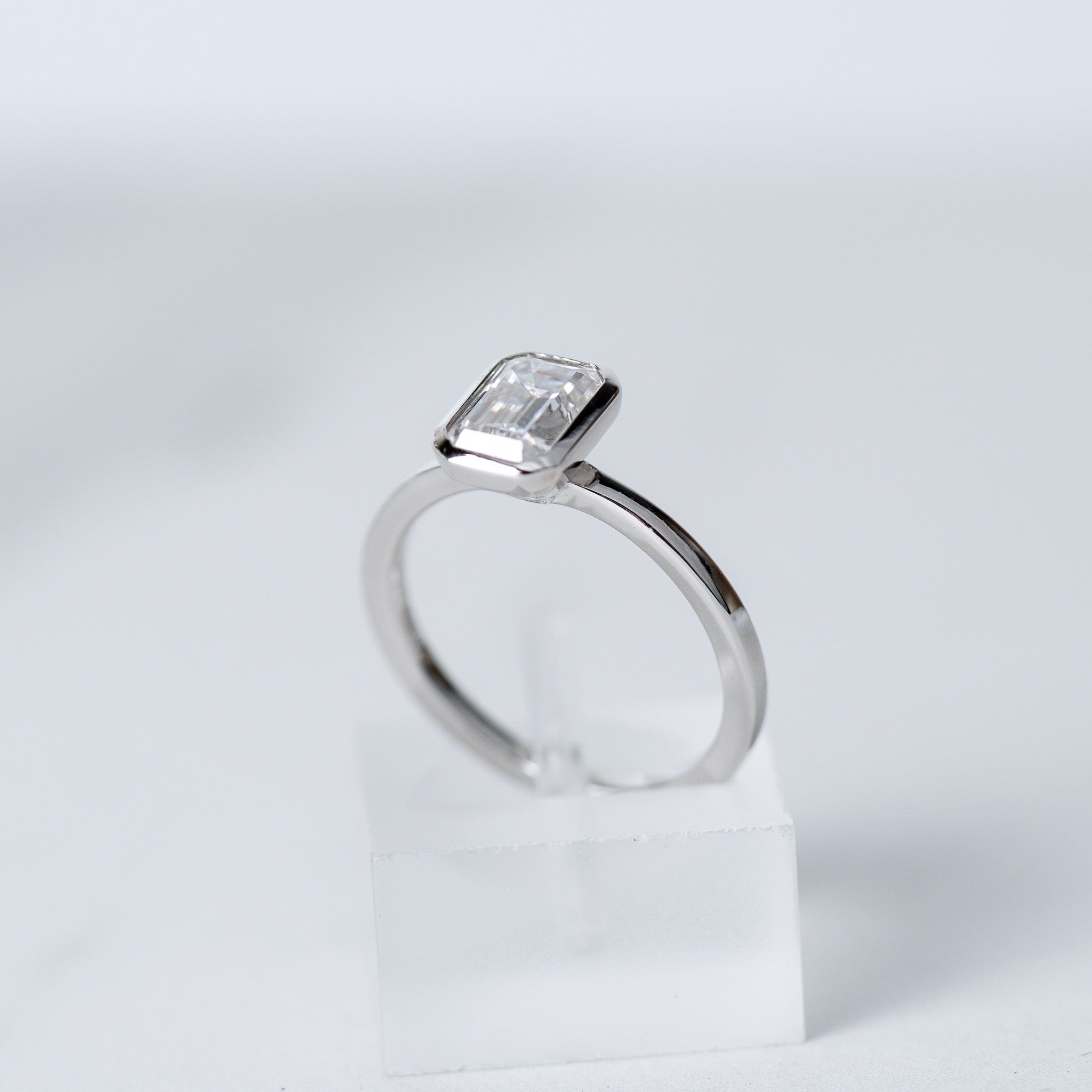 Bezel Emerald Moissanite Solitaire Engagement Ring - 1ct