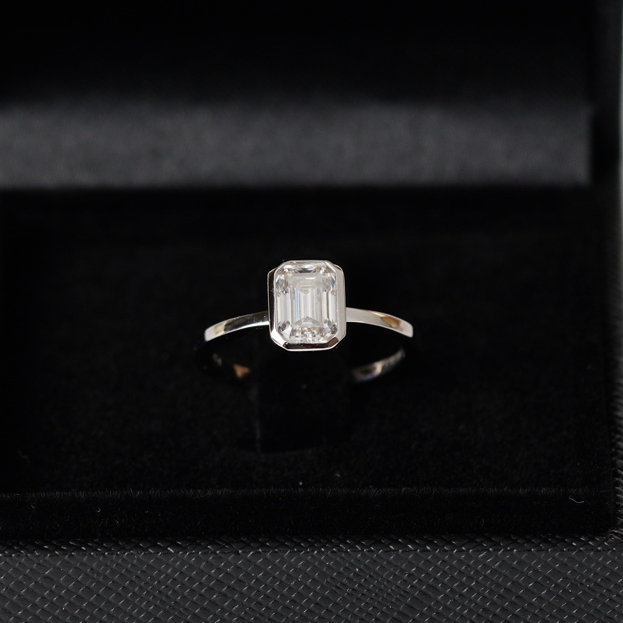 Bezel Emerald Moissanite Solitaire Engagement Ring - 1ct
