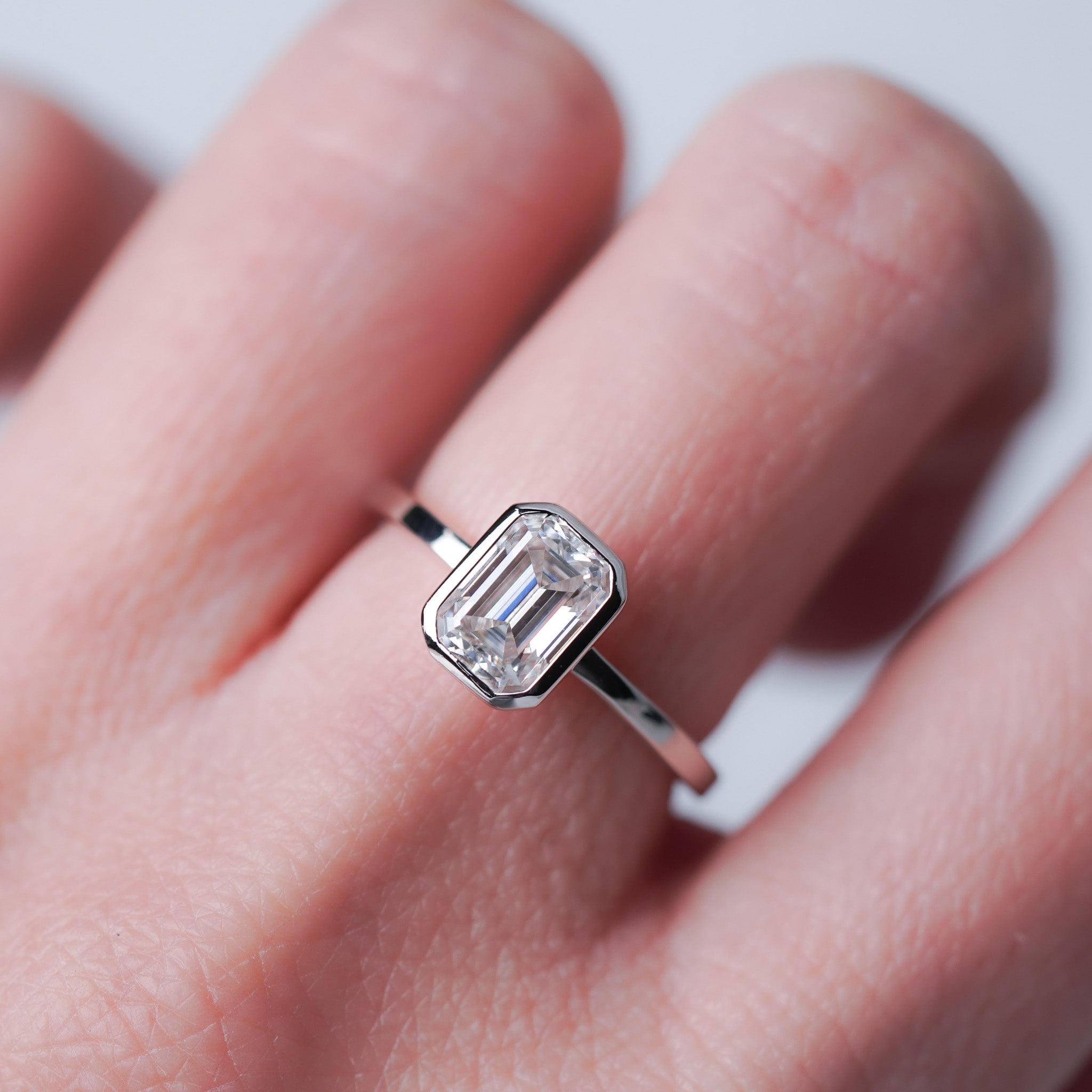 Bezel Emerald Moissanite Solitaire Engagement Ring - 1ct