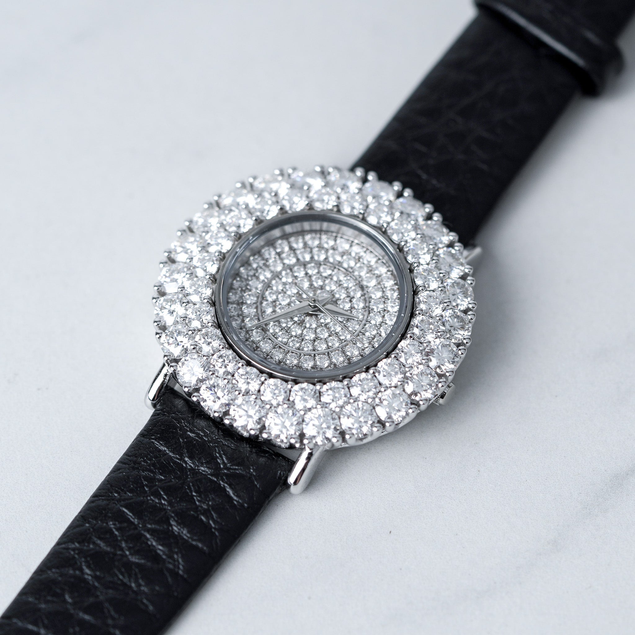 Double Halo Moissanite Diamond Watch With Silver Case - Black Leather