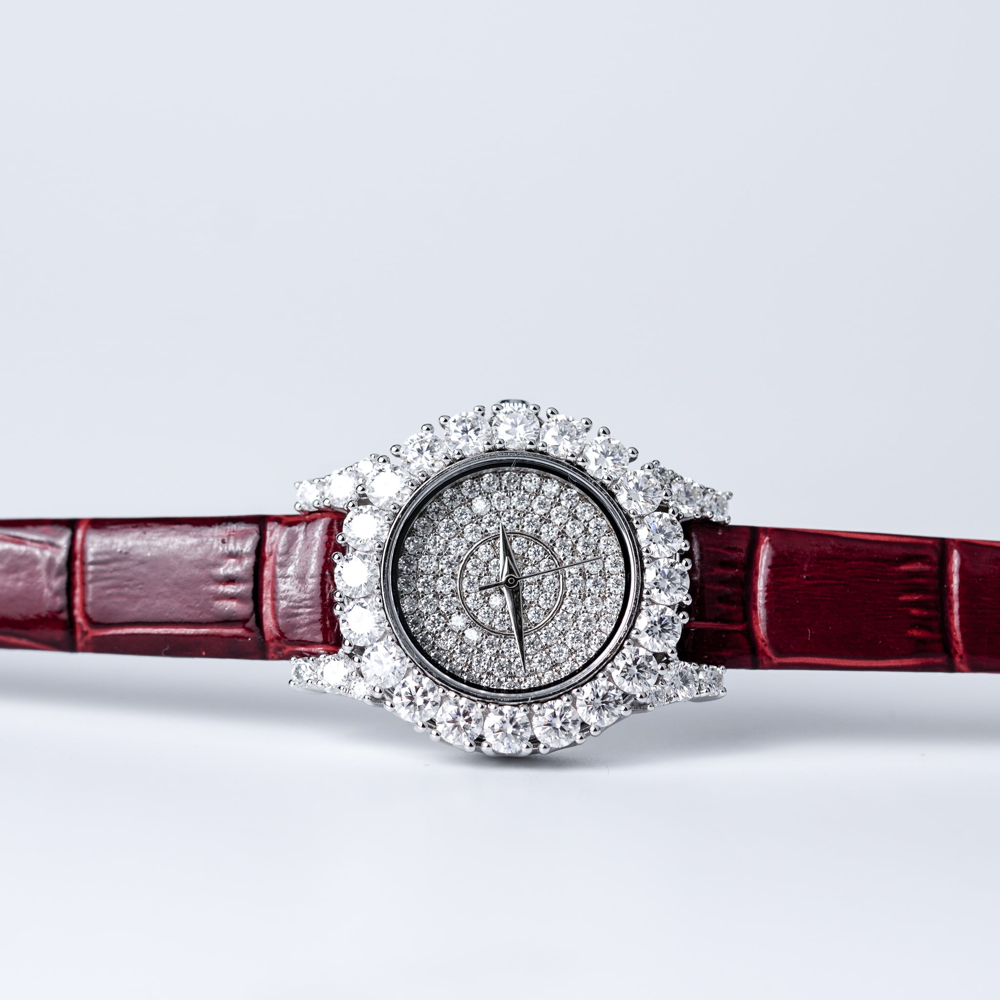 Moissanite Diamond Watch With Silver Case - Red Leather