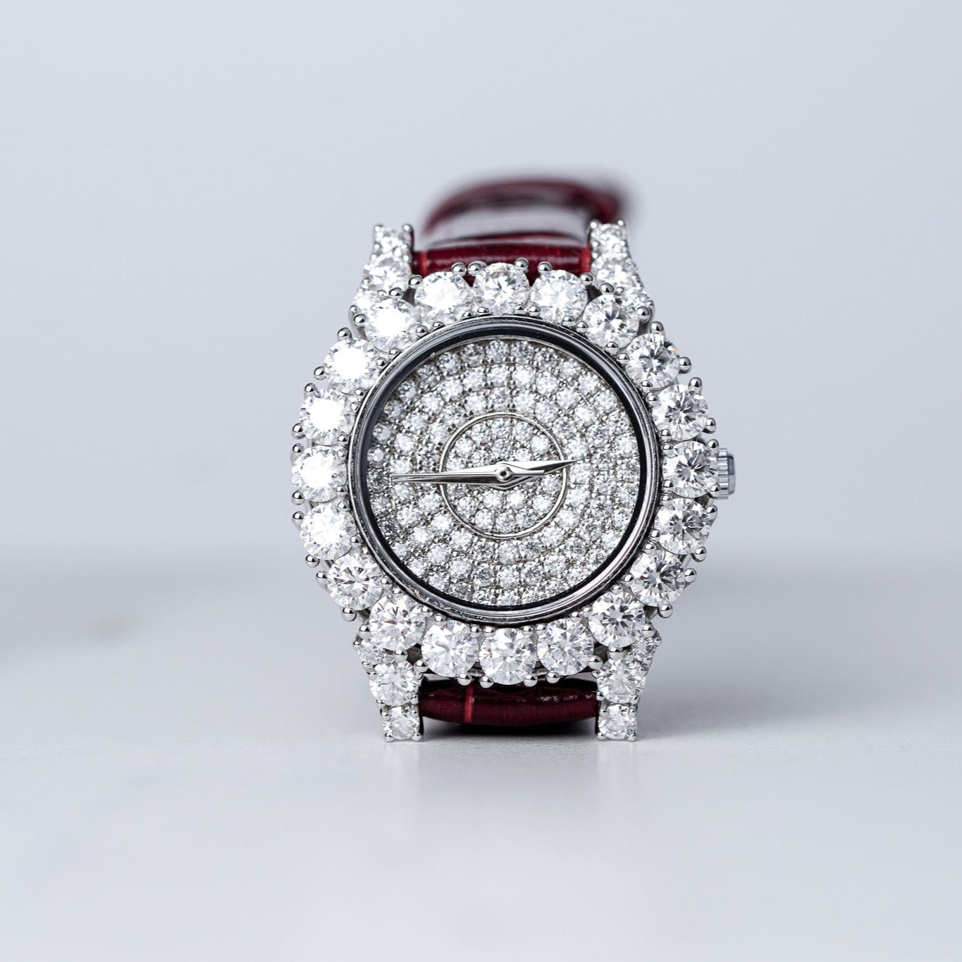 Moissanite Diamond Watch With Silver Case - Red Leather