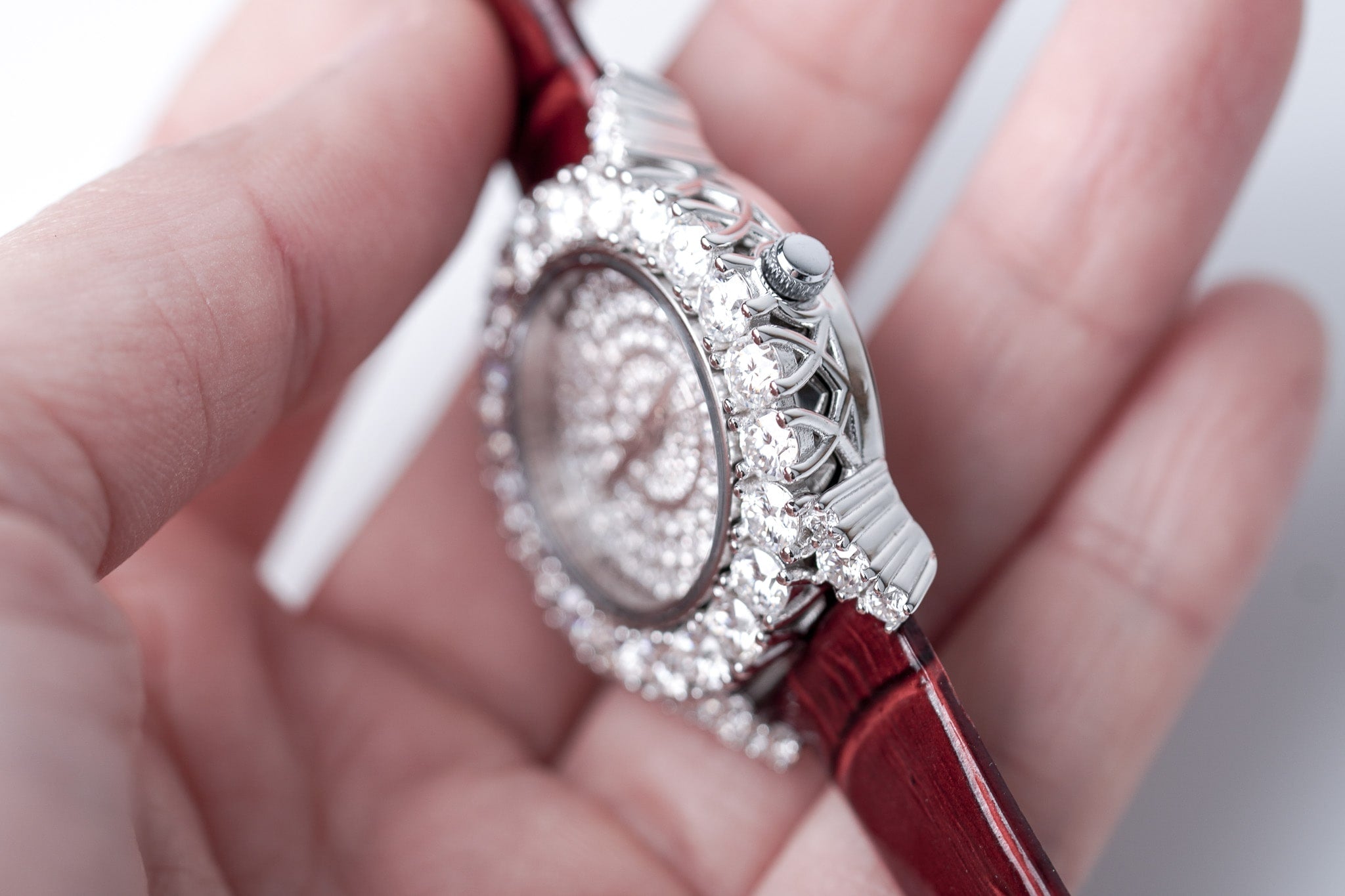 Moissanite Diamond Watch With Silver Case - Red Leather