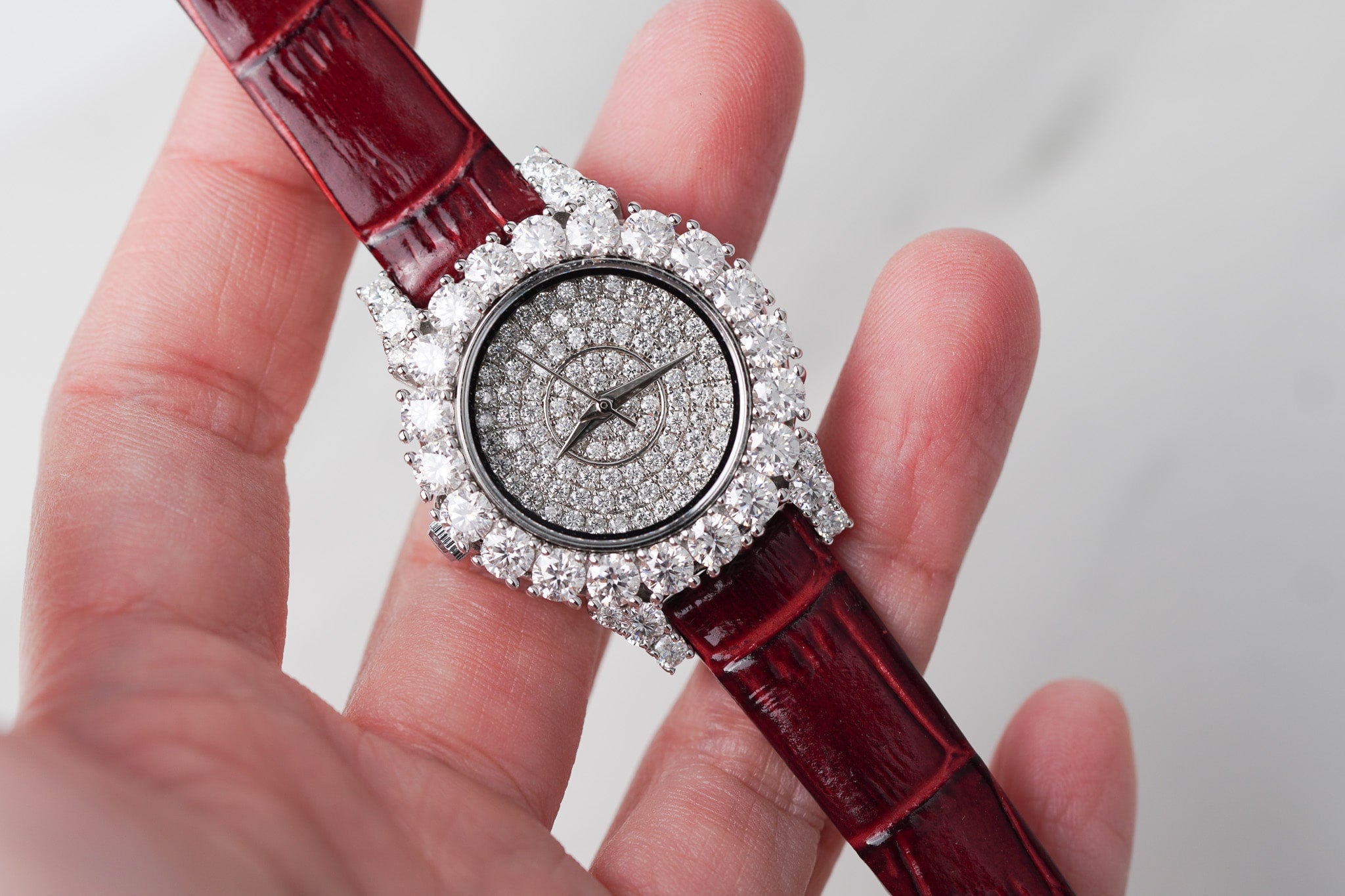 Moissanite Diamond Watch With Silver Case - Red Leather