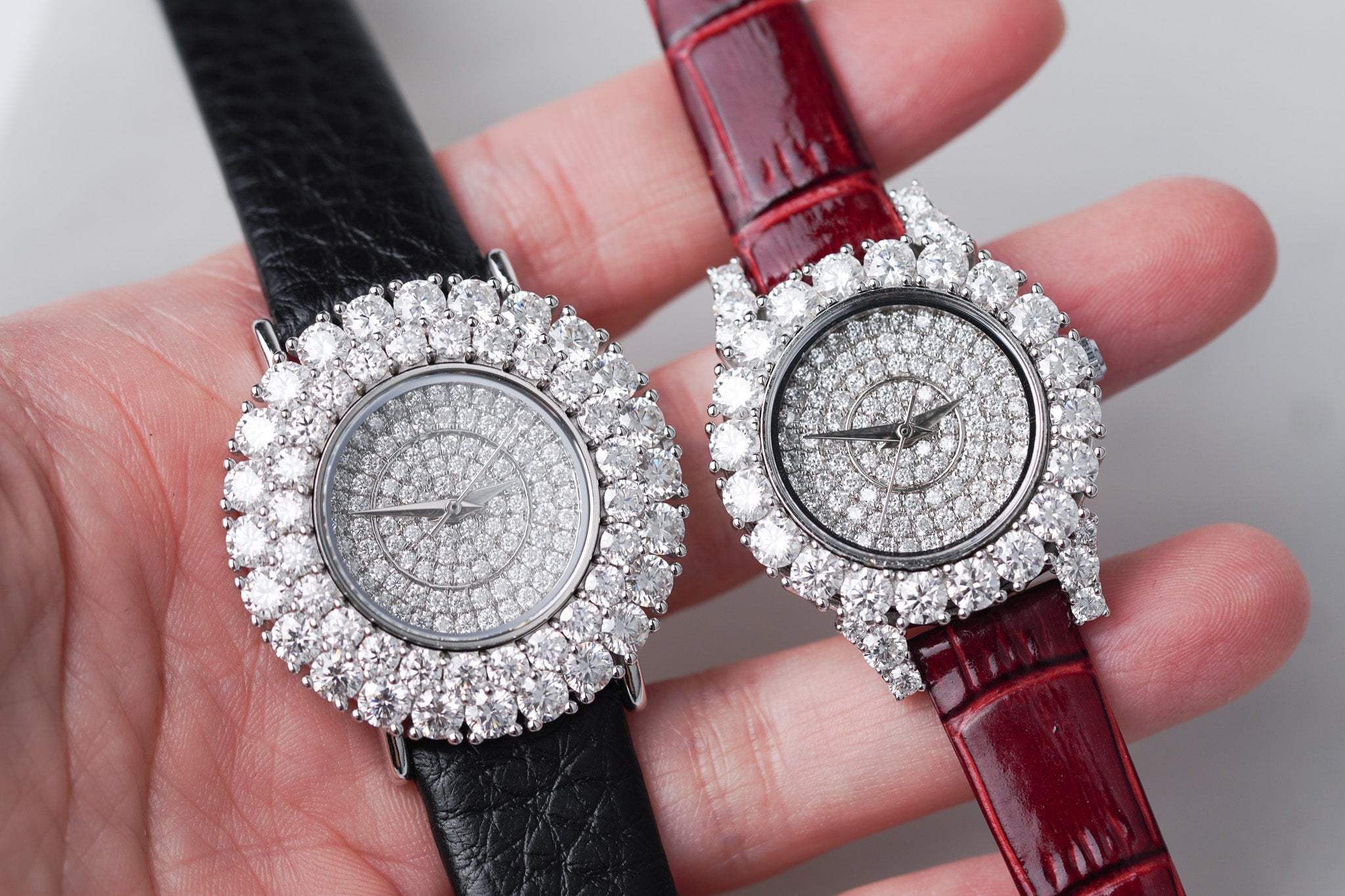Moissanite Diamond Watch With Silver Case - Red Leather