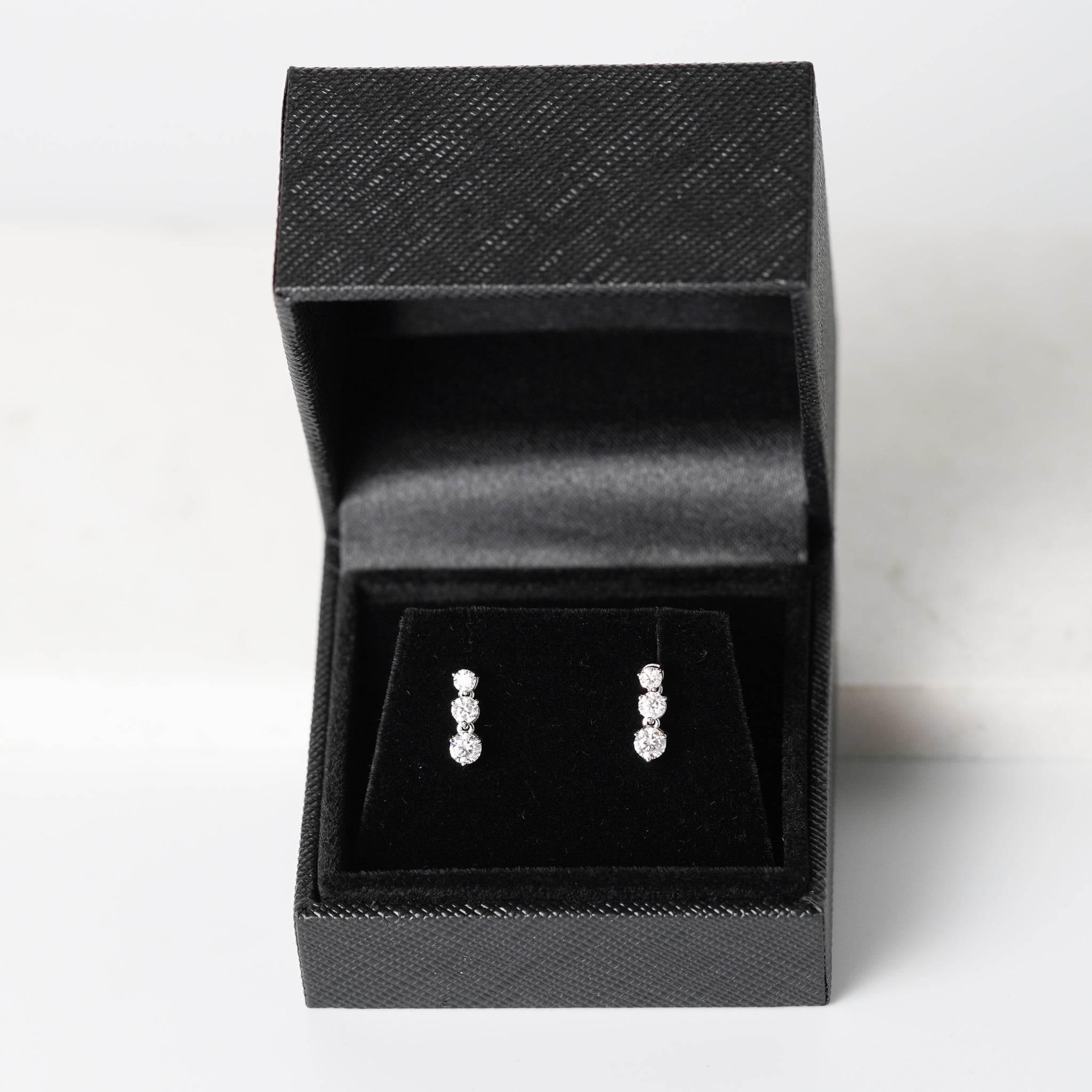 Three-Stone Drop Dangling Earrings in Sterling Silver – Moissanite