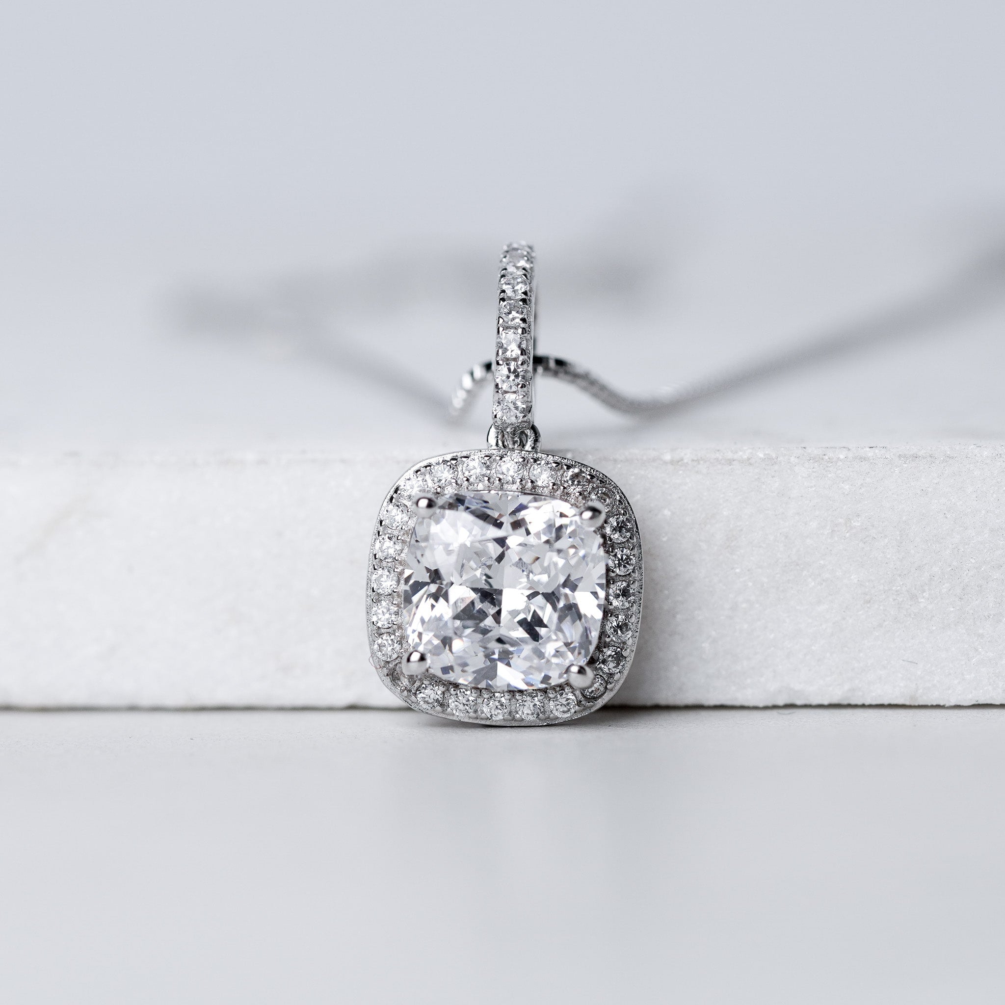 Cushion Halo Necklace - 3ct - Simulated Diamond