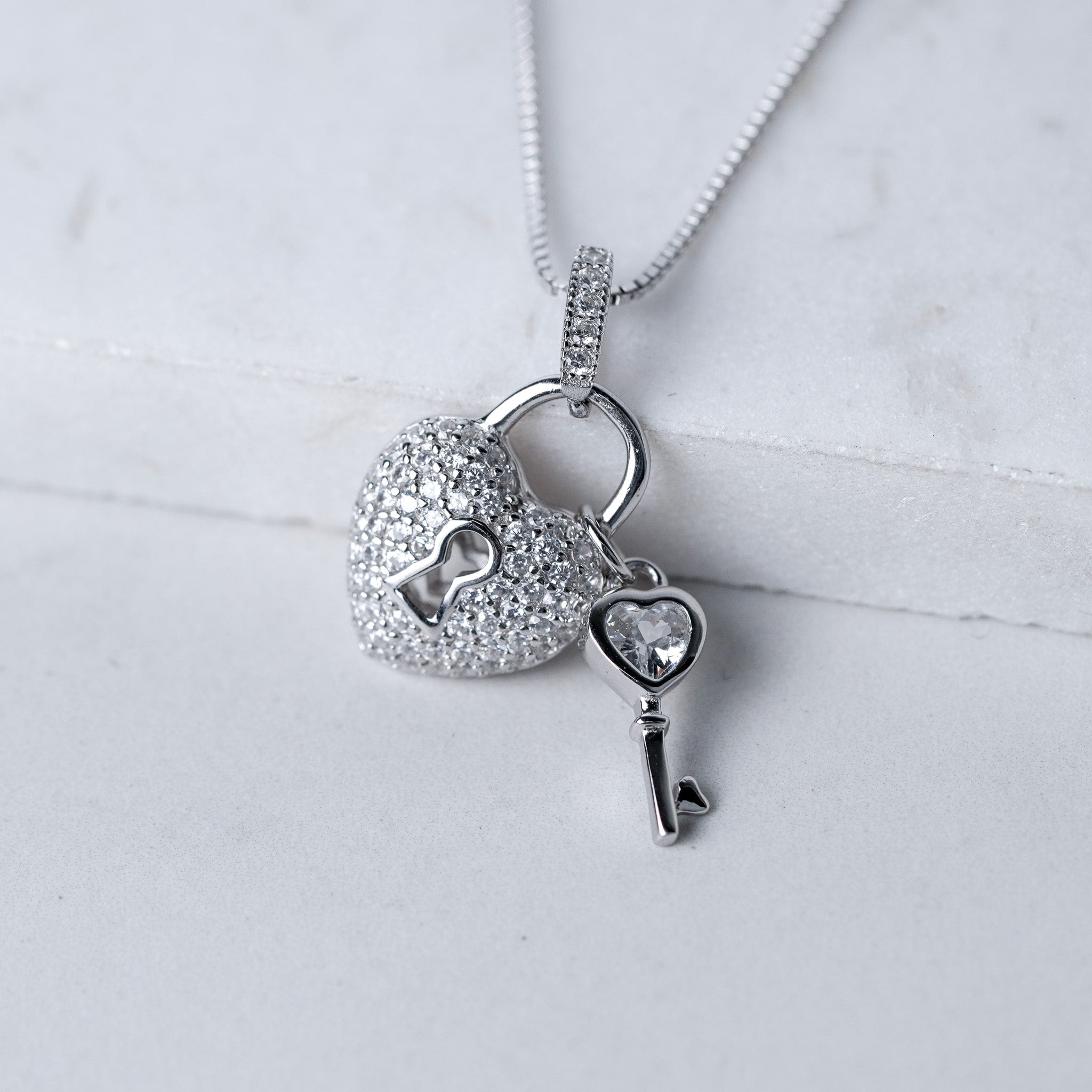 Heart & Lock Necklace - Simulated Diamond