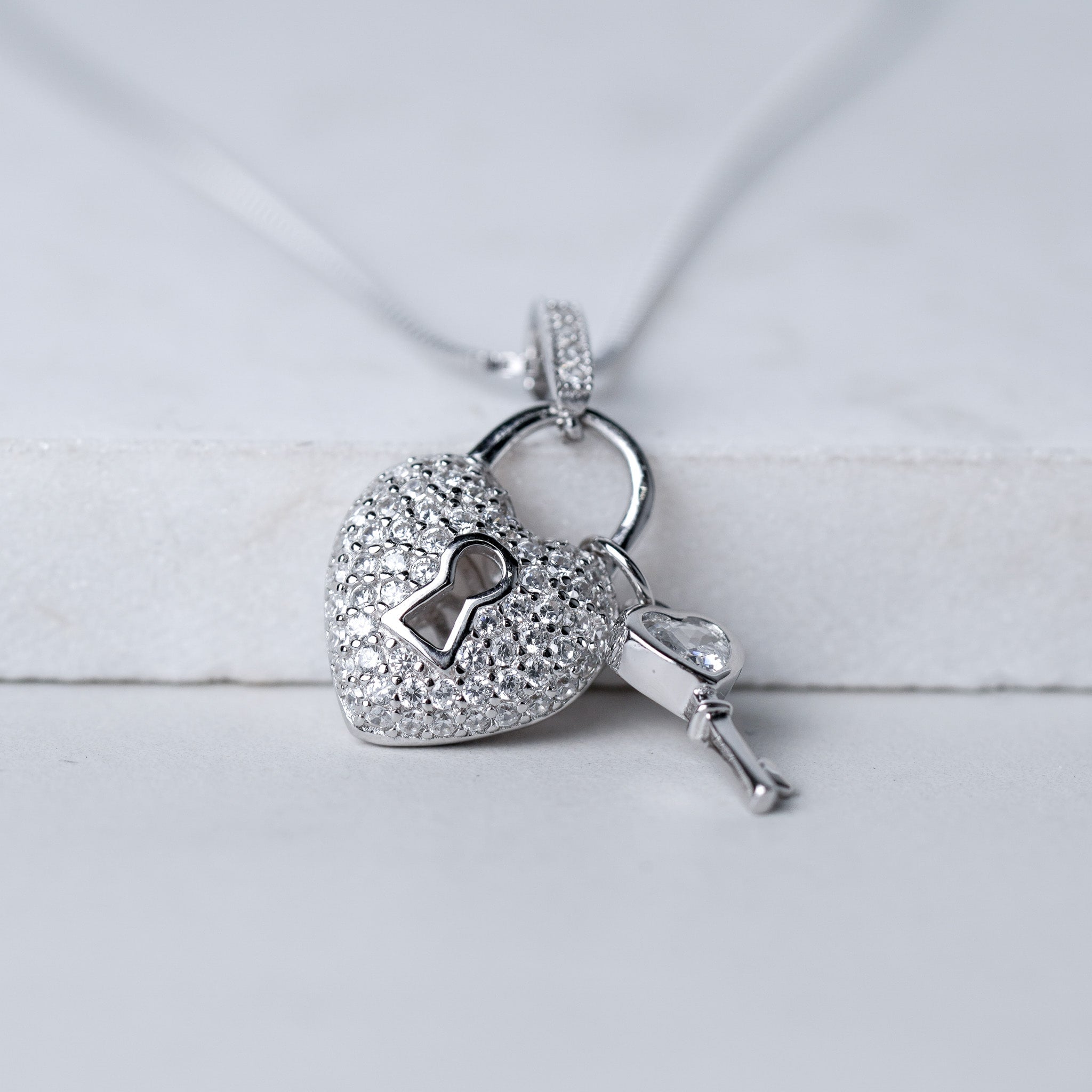 Heart & Lock Necklace - Simulated Diamond