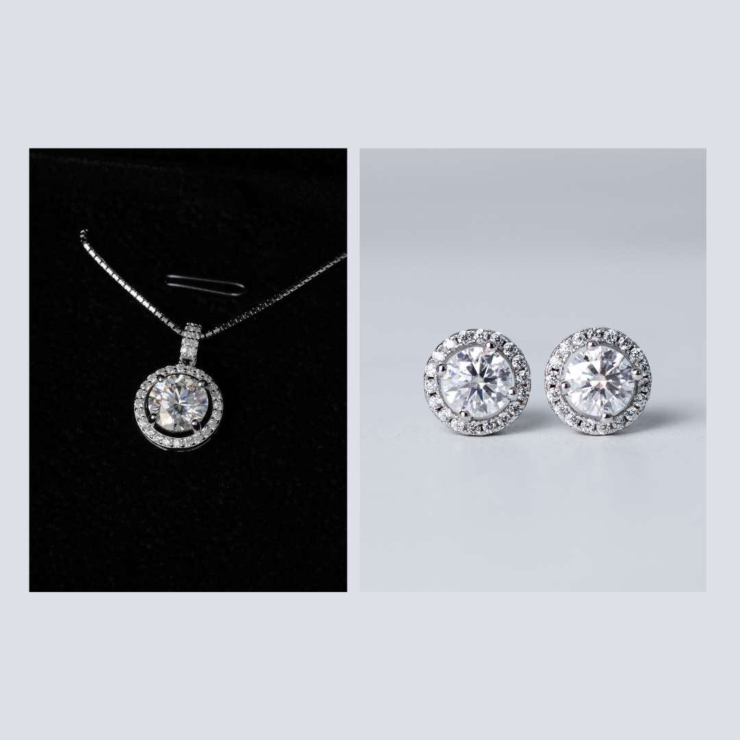 Round Halo Earrings & Necklace Gift Set - Moissanite - 3 Products
