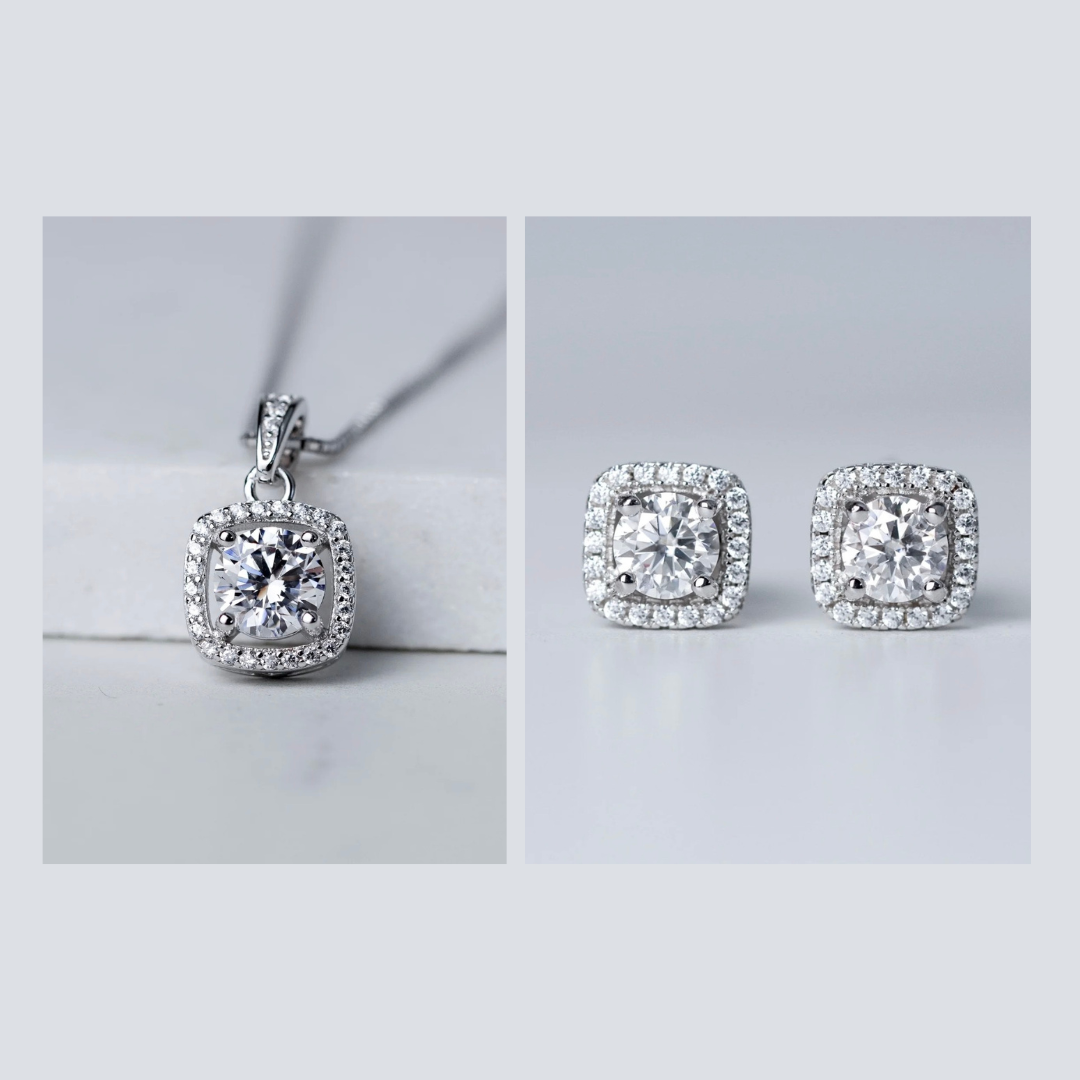 Square Halo Earrings & Necklace Gift Set - Moissanite - 3 Products
