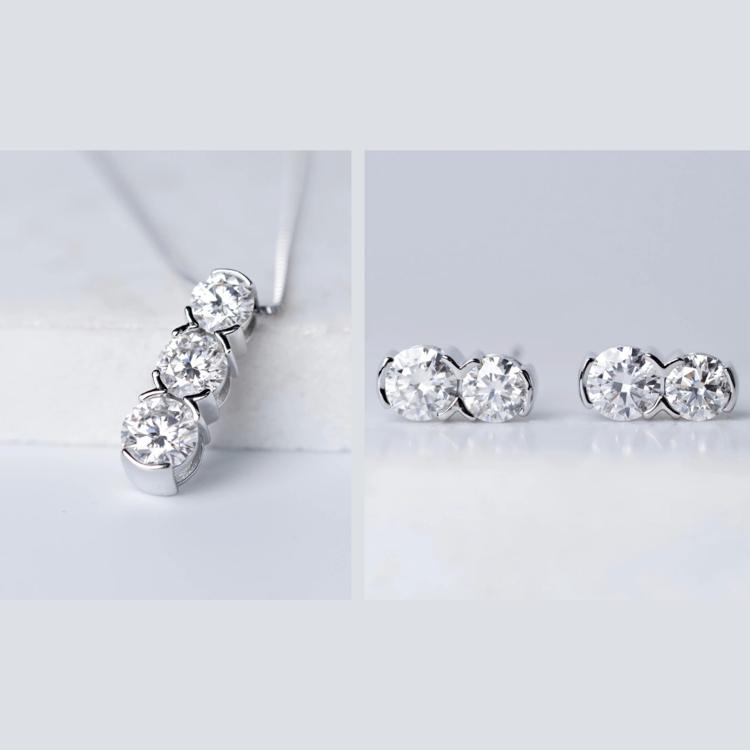 Three Stone Fix Earrings & Necklace Gift Set - Moissanite - 3 Products
