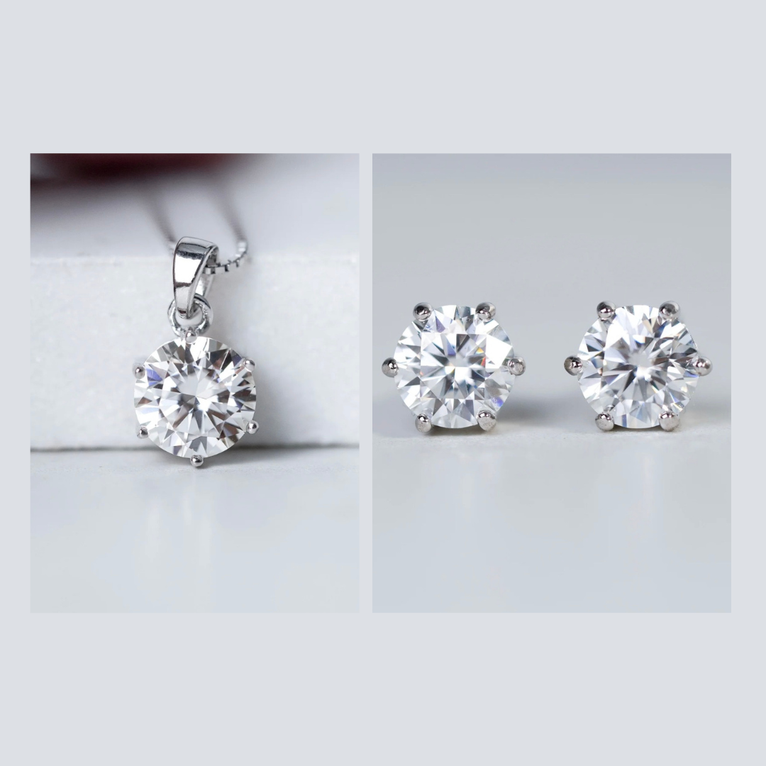 Six Prongs Round Earrings & Necklace Gift Set - Moissanite - 3 Products